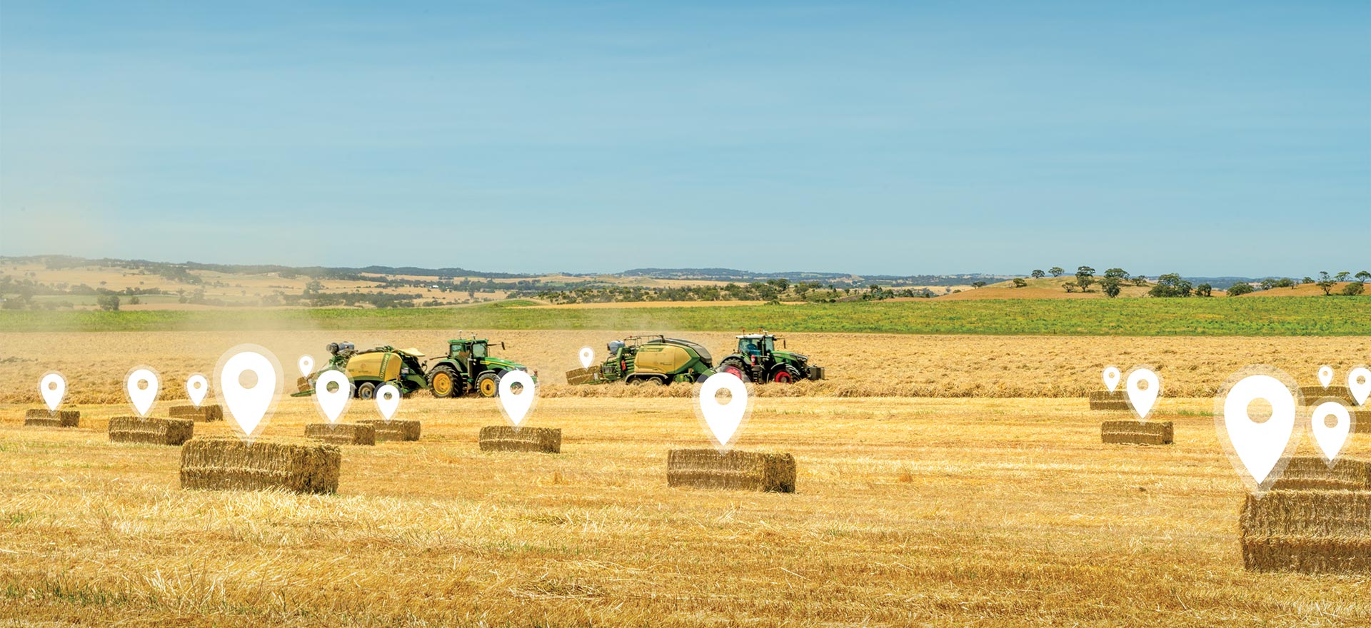 Krone Balers with Gazeeka systems making large square bales. White map pins are superimposed over each bale.